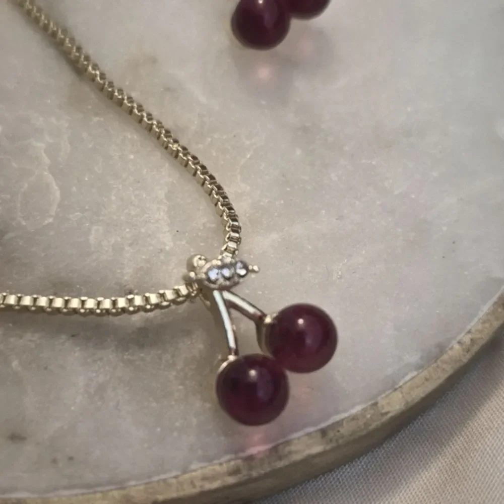 Gold Cherry Pendant Cable Necklace and Earrings Set In Gold Tone